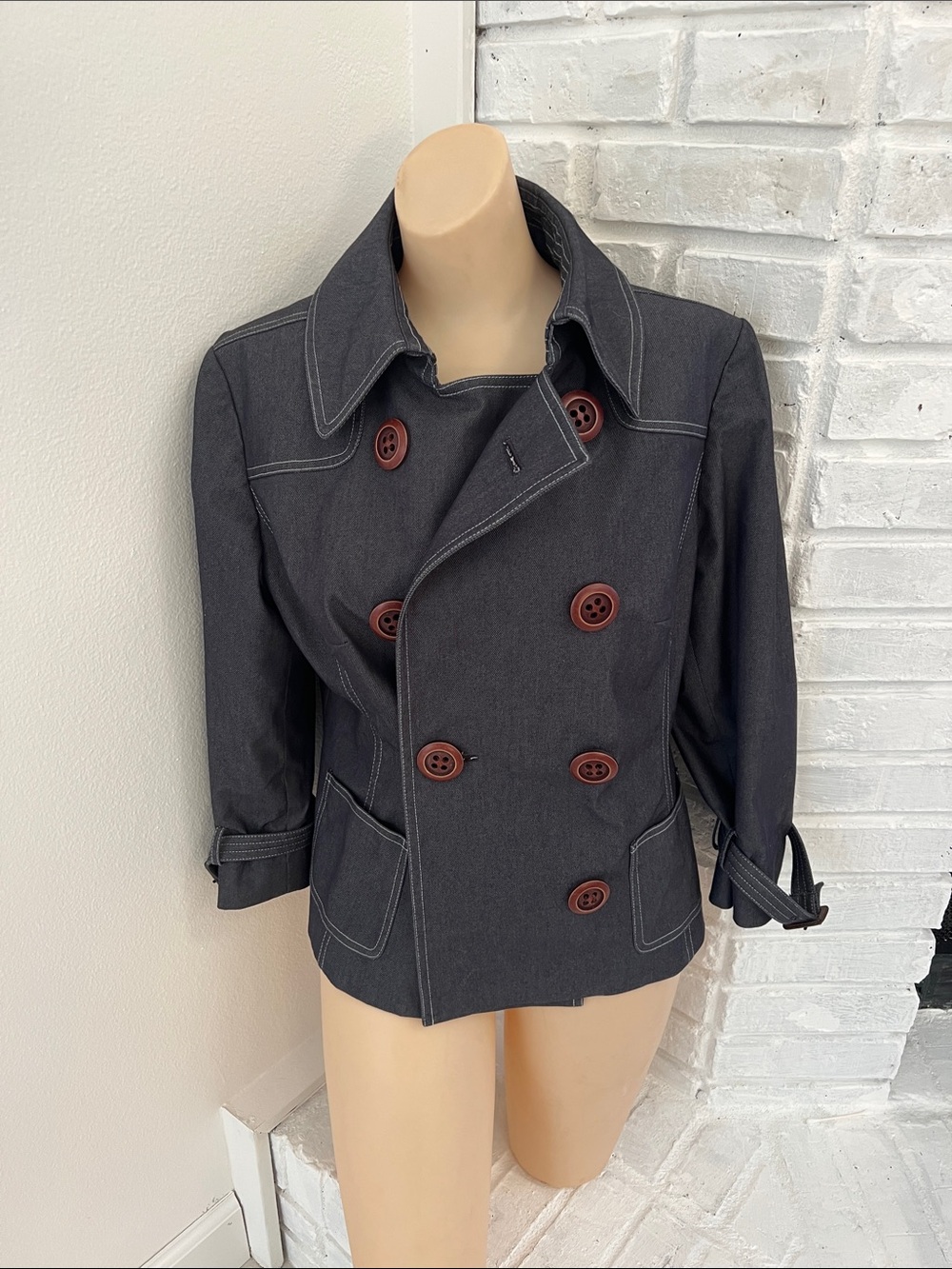 Etcetera Charcoal Gray Double-Breasted Peacoat with Brown Buttons